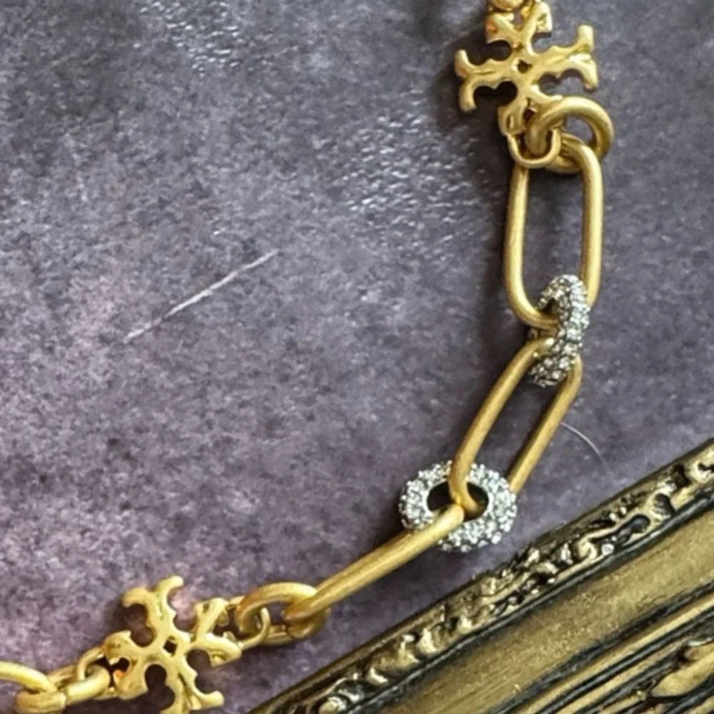 TORY BURCH • Gold Roxanne Chain Crystal Logo Necklace Includes Jewelry Bag